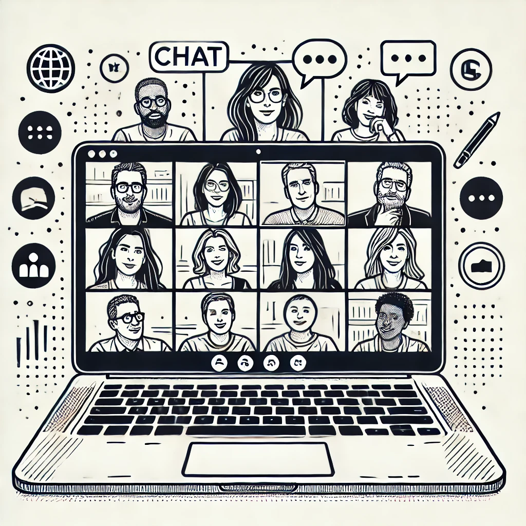 A-detailed-line-drawing-illustration-of-a-laptop-screen-displaying-a-virtual-meeting-with-diverse-adults-engaged-in-conversation.