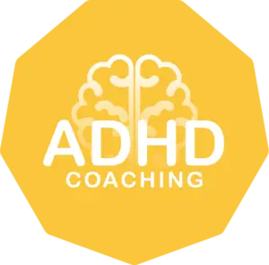 ADHD Coaching logo – yellow octagon with white brain icon and bold ADHD Coaching text