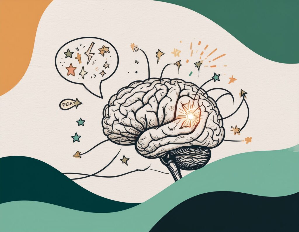 Illustration of ADHD brain with dopamine spark driving enthusiastic speech and a pause button to represent self-regulation