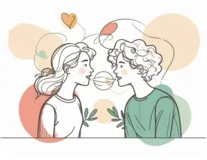 Person with ADHD dominating a conversation with overflowing speech bubbles while listener looks overwhelmed