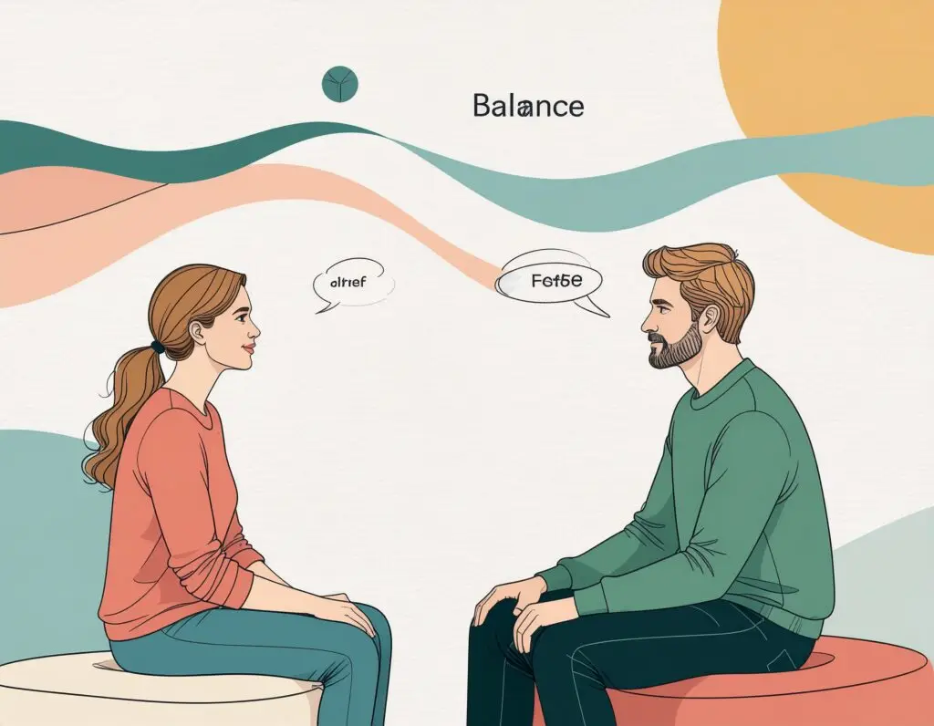 Two people having a balanced conversation with equal speech bubbles, representing improved ADHD social skills