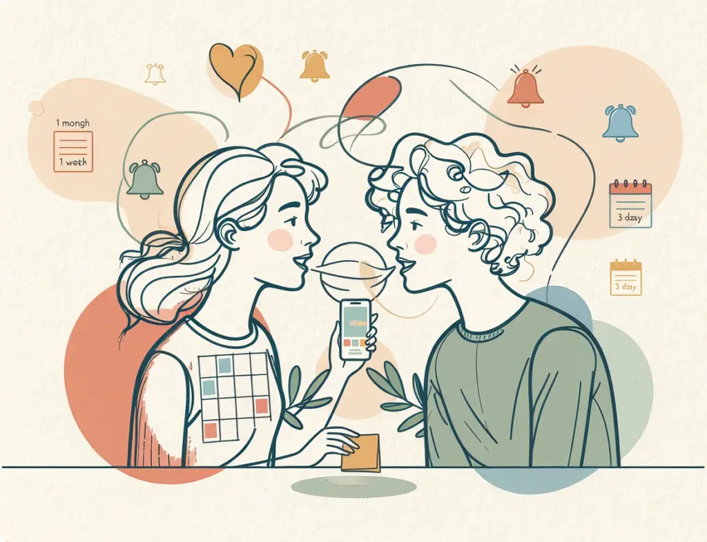 Person with ADHD building a layered reminder system using a phone and wall planner, with alarm bells showing 1 month, 1 week and 3 days reminders, illustrating proactive date management strategies.