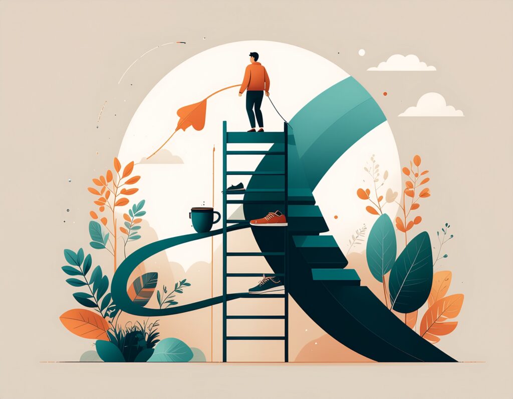 Line drawing of a figure climbing a ladder where each rung represents a small stacked daily habit, illustrating the habit stacking technique for people with ADHD.