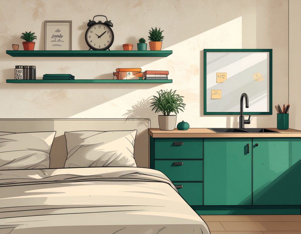 Line drawing of a calm room with sticky notes on a mirror, a gym bag by the door, and a visual checklist on the wall — external cues designed to support ADHD routine building.