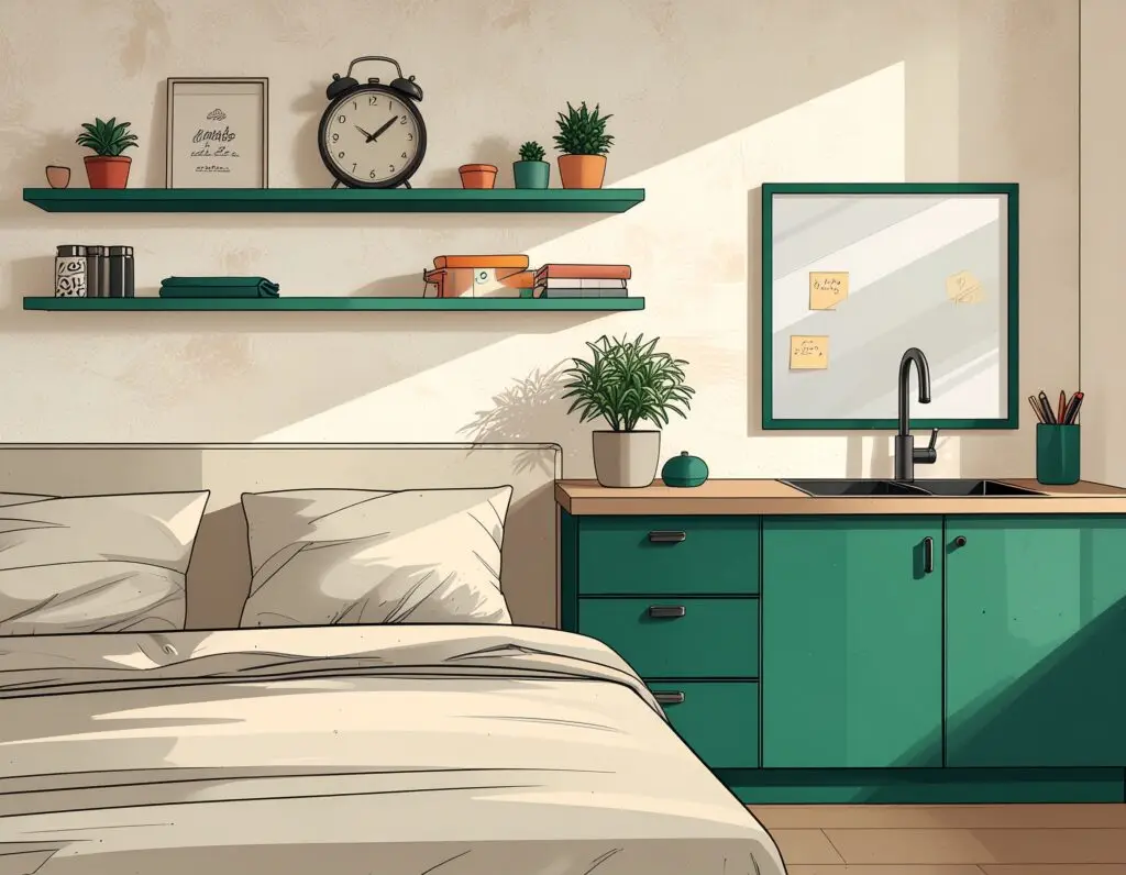 Line drawing of a calm room with sticky notes on a mirror, a gym bag by the door, and a visual checklist on the wall — external cues designed to support ADHD routine building.