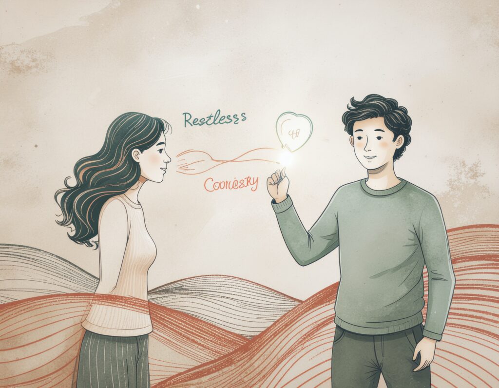 A person naming their Restless Saboteur on one side and countering it with their Curiosity character strength on the other