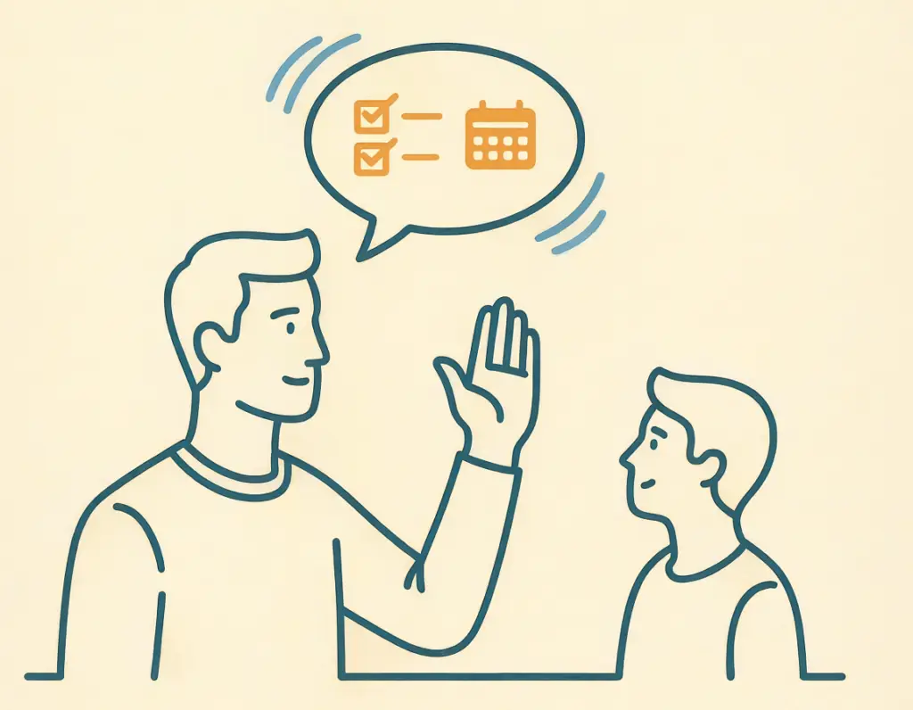 Person with ADHD using a deliberate pause gesture before agreeing to a new task, checking their mental capacity first.