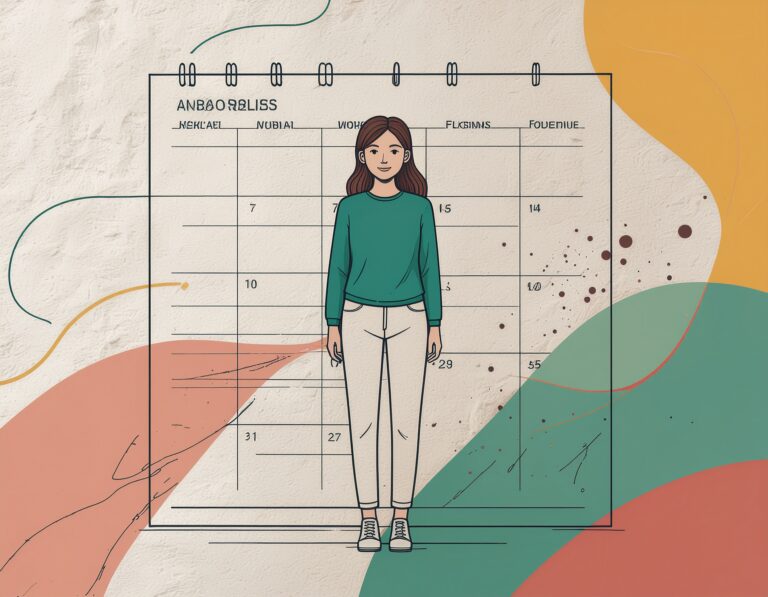 Line drawing of a person watching their written weekly routine dissolve from left to right on a wall calendar, illustrating how ADHD makes establishing routines difficult.