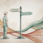 Person with ADHD standing at a crossroads, drawn toward the present moment while a distant goal fades into the background