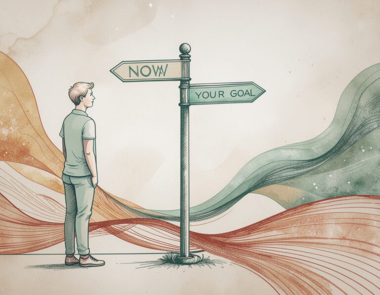 Person with ADHD standing at a crossroads, drawn toward the present moment while a distant goal fades into the background