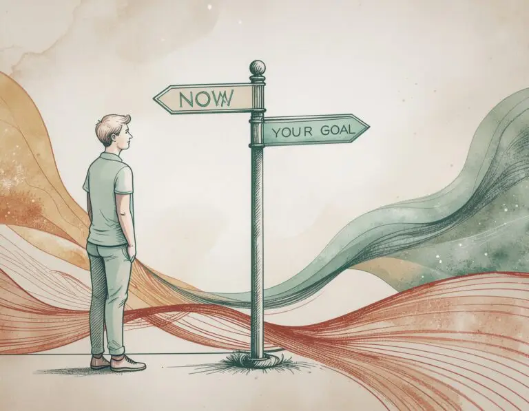 Person with ADHD standing at a crossroads, drawn toward the present moment while a distant goal fades into the background