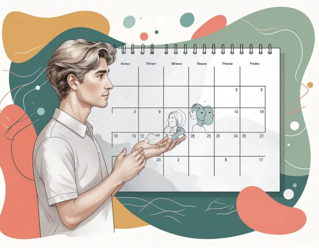 Two partners collaborating on a shared digital calendar, adding important dates together, illustrating how open communication and shared systems can support an ADHD partner in relationships.