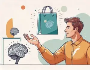 Line drawing of a person reaching towards a glowing shopping bag, illustrating ADHD dopamine-driven impulsive spending