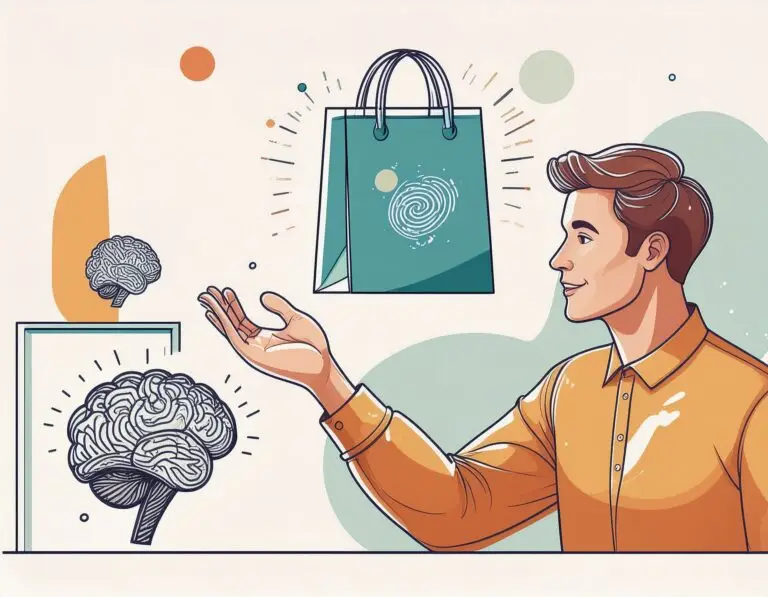 Line drawing of a person reaching towards a glowing shopping bag, illustrating ADHD dopamine-driven impulsive spending