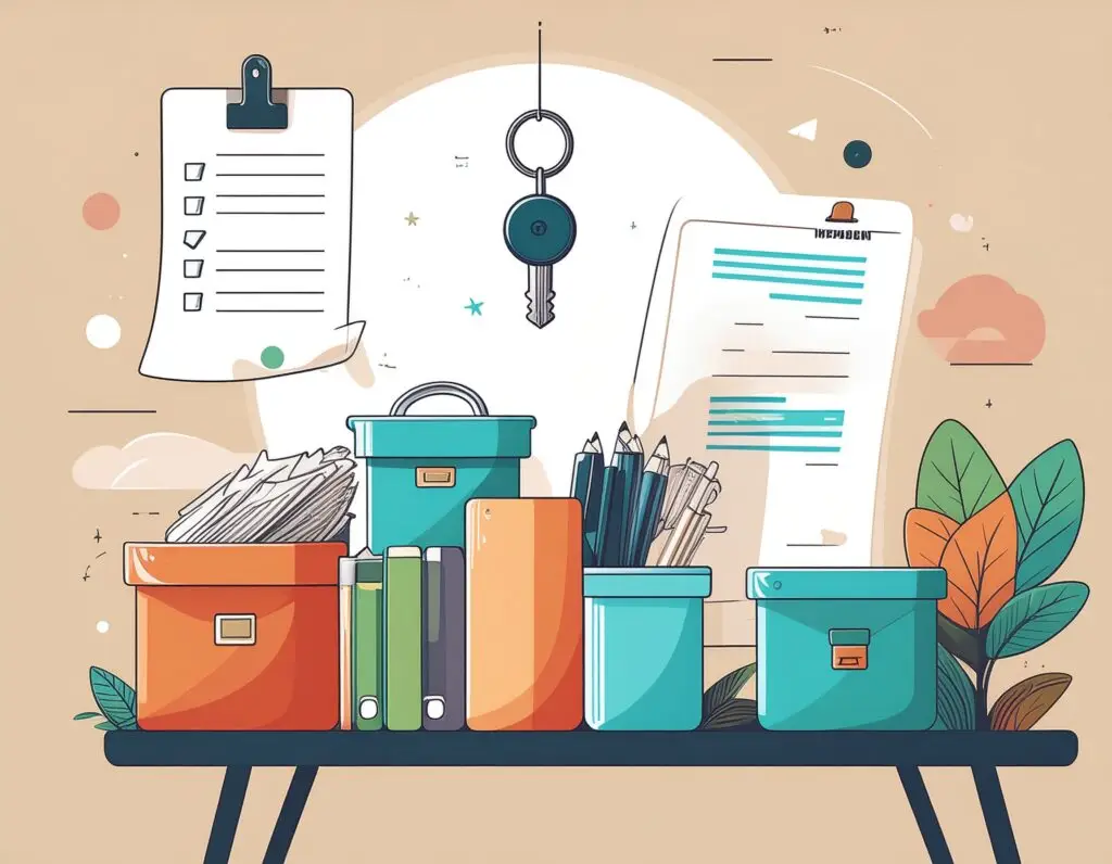 Illustration of a tidy ADHD-friendly desk workspace with clear containers, colour-coded folders, a Bluetooth tracker, and a visible checklist.