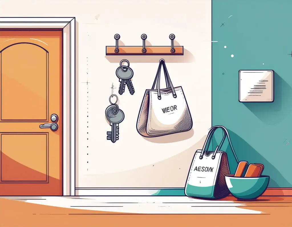 Illustration of a tidy entryway with keys on a hook, a bowl for phone and wallet, and a labelled bag &mdash; representing a landing zone system for ADHD organisation.
