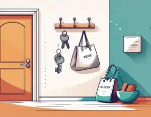 Illustration of a tidy entryway with keys on a hook, a bowl for phone and wallet, and a labelled bag — representing a landing zone system for ADHD organisation.