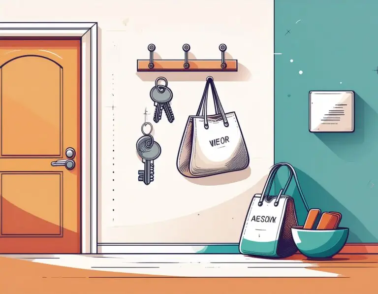 Illustration of a tidy entryway with keys on a hook, a bowl for phone and wallet, and a labelled bag — representing a landing zone system for ADHD organisation.
