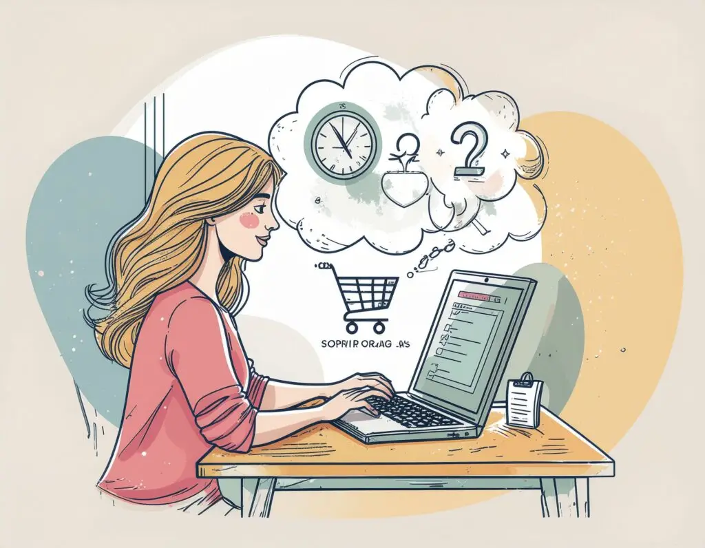 Line drawing of a person pausing before confirming an online purchase, with a thought bubble showing a clock and a pound sign, illustrating the 24-hour wait strategy for ADHD impulse control
