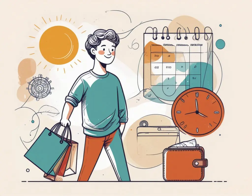 Line drawing showing a person enjoying a present-moment purchase while future financial consequences fade into the blurred background, illustrating ADHD time blindness