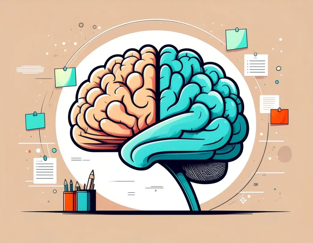 Abstract illustration of an ADHD brain with post-it notes floating away, representing working memory gaps that cause items to be misplaced.