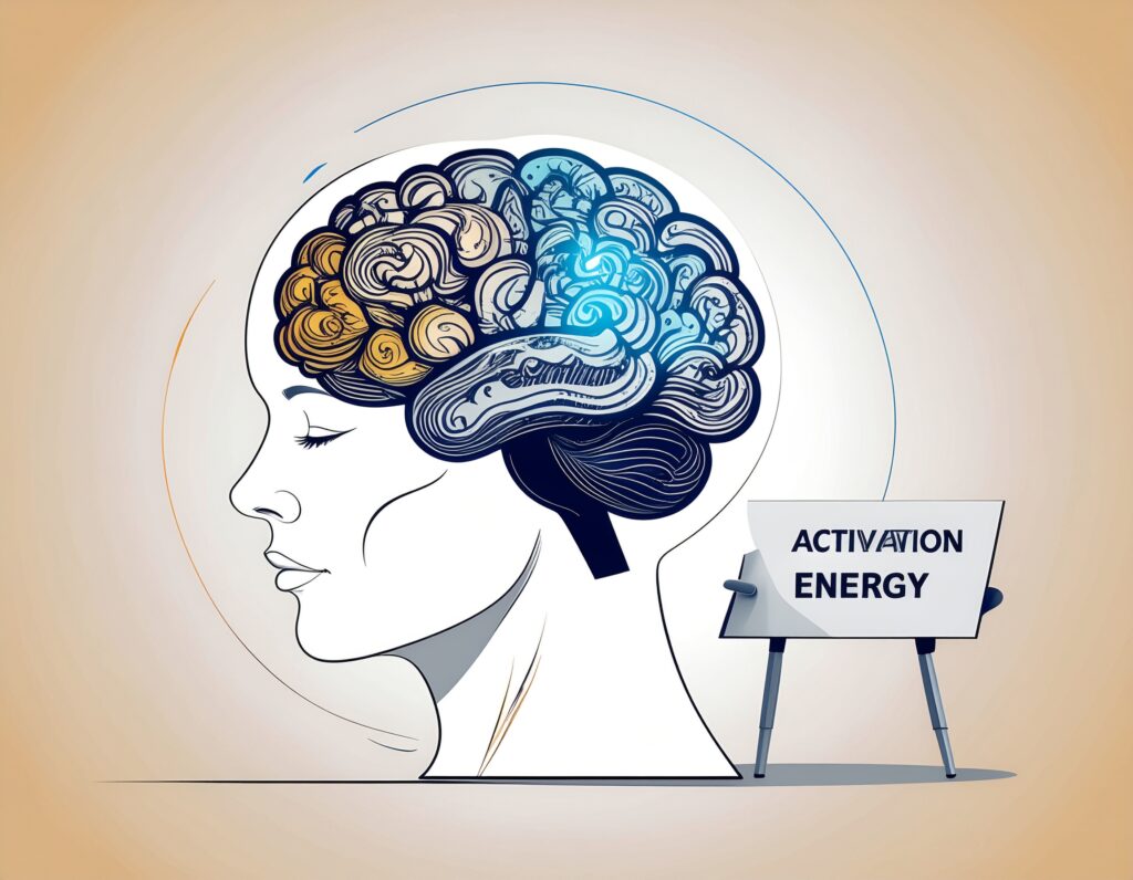Diagram of ADHD brain showing dopamine pathway and the activation energy barrier before task initiation