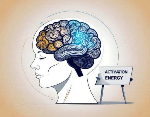 Diagram of ADHD brain showing dopamine pathway and the activation energy barrier before task initiation