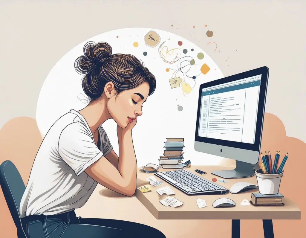 Adult with ADHD slumped at a desk surrounded by unfinished tasks, representing the cognitive and emotional exhaustion of ADHD burnout