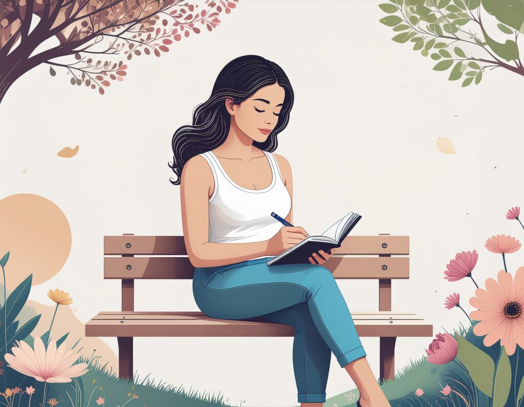 Person with ADHD sitting peacefully outdoors in a garden, representing burnout recovery and restorative rest