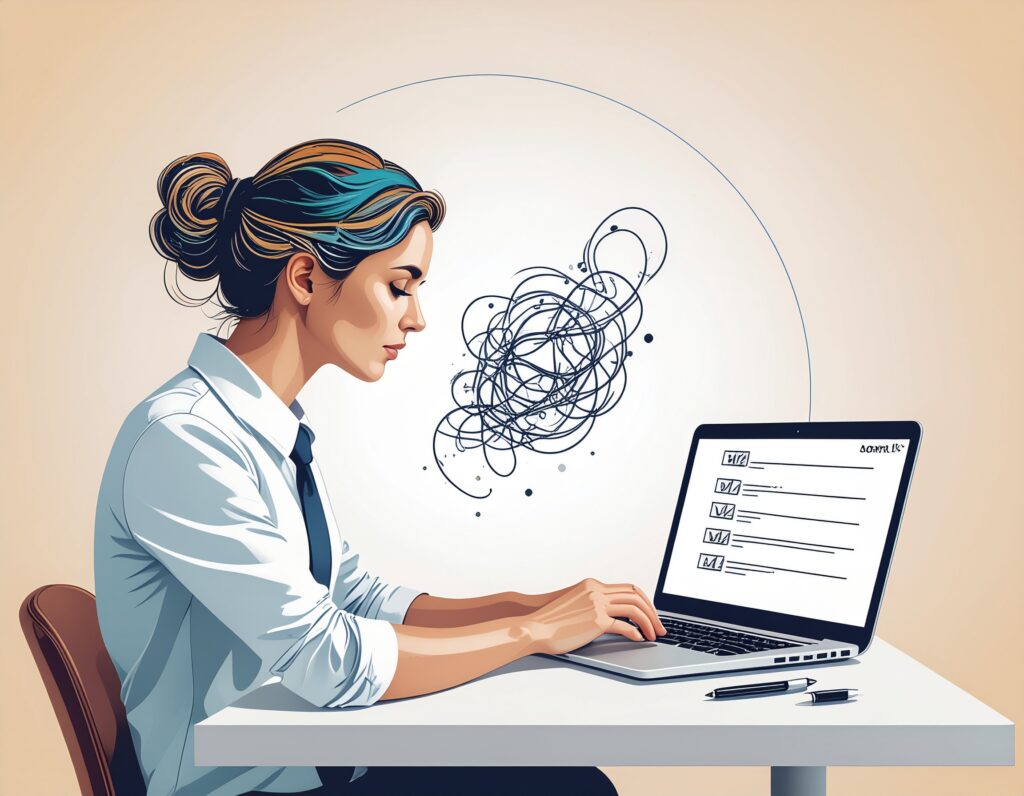 Adult with ADHD experiencing task initiation paralysis, staring at laptop unable to begin