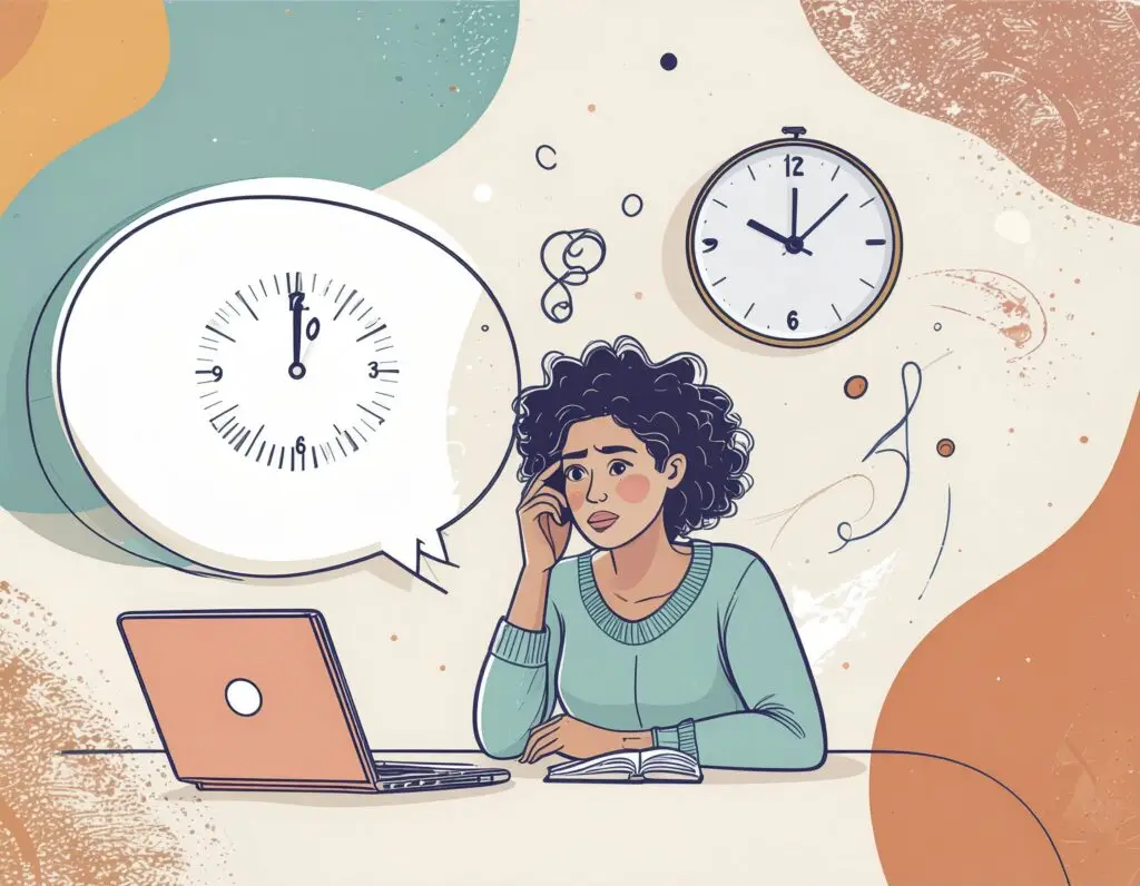 An adult with ADHD looking confused at a clock on the wall, illustrating ADHD time blindness