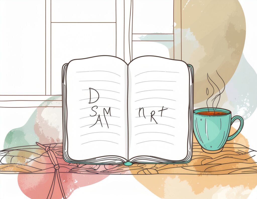 An open notebook with handwritten Dream SMART goal-setting steps next to a mug of tea on a wooden table.