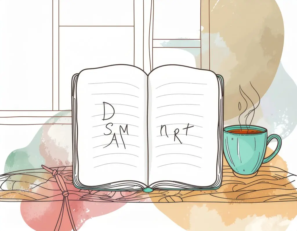 An open notebook with handwritten Dream SMART goal-setting steps next to a mug of tea on a wooden table.