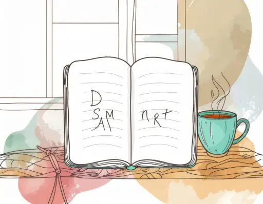 An open notebook with handwritten Dream SMART goal-setting steps next to a mug of tea on a wooden table.