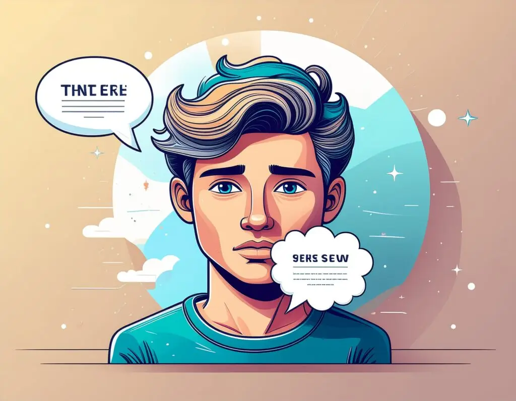 Person looking regretful after an impulsive comment, with speech and thought bubbles showing a mismatch between what was said and what was meant