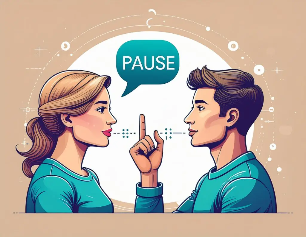 Two people having a calm conversation, one pausing to breathe before responding, depicting mindful communication with ADHD