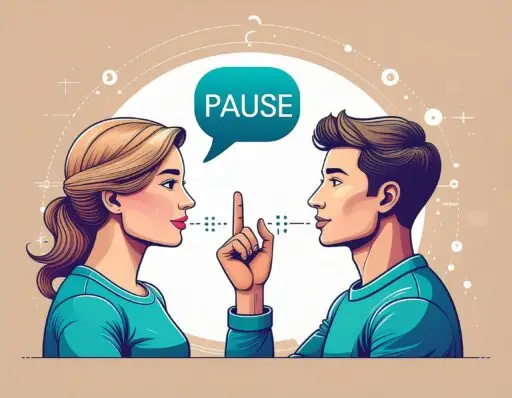 Two people having a calm conversation, one pausing to breathe before responding, depicting mindful communication with ADHD