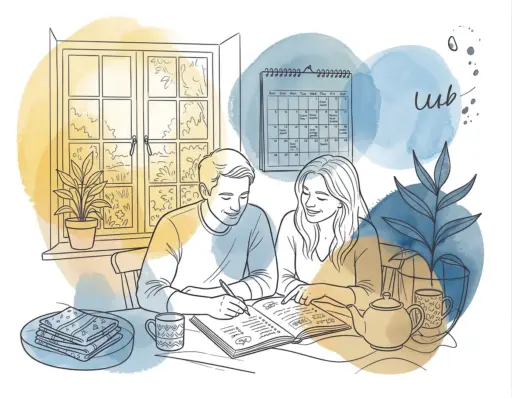 A couple with ADHD sitting at a kitchen table together, calmly planning their week with a notebook and calendar