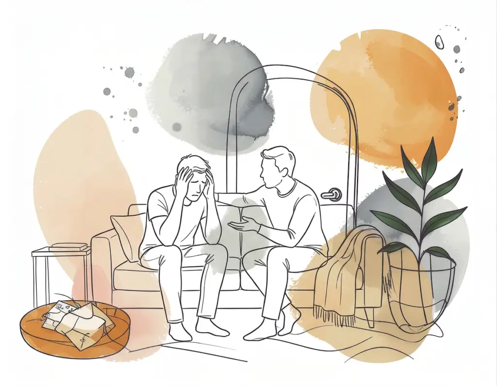 Two adults sitting on a sofa, one reaching out to support the other in a moment of emotional difficulty related to ADHD
