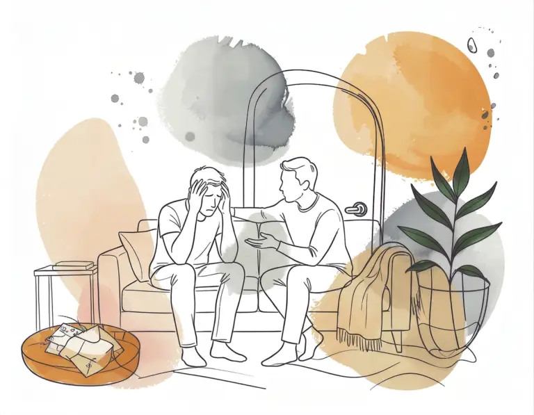 Two adults sitting on a sofa, one reaching out to support the other in a moment of emotional difficulty related to ADHD