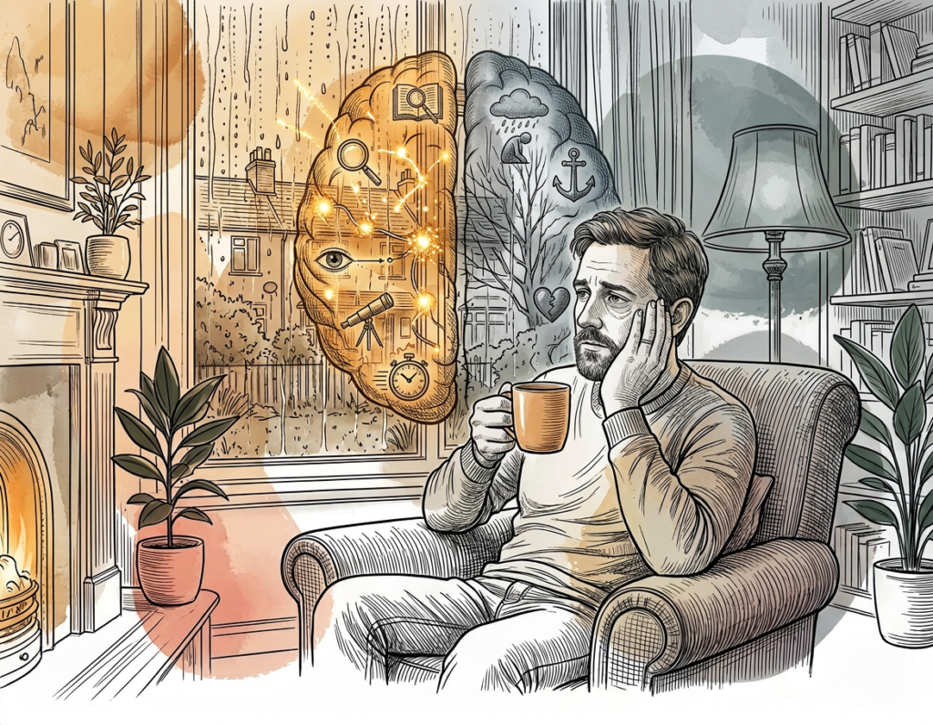 Illustration showing the ADHD brain with contrasting hyperfocus energy and depression — representing ADHD and depression co-occurring