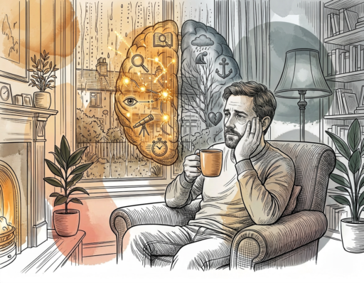 Illustration showing the ADHD brain with contrasting hyperfocus energy and depression — representing ADHD and depression co-occurring