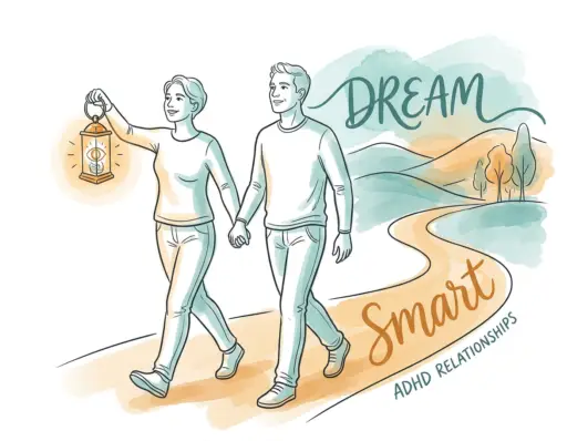 Two adults walking a shared path, one carrying a glowing lantern as a symbol of shared vision and connection in an ADHD relationship