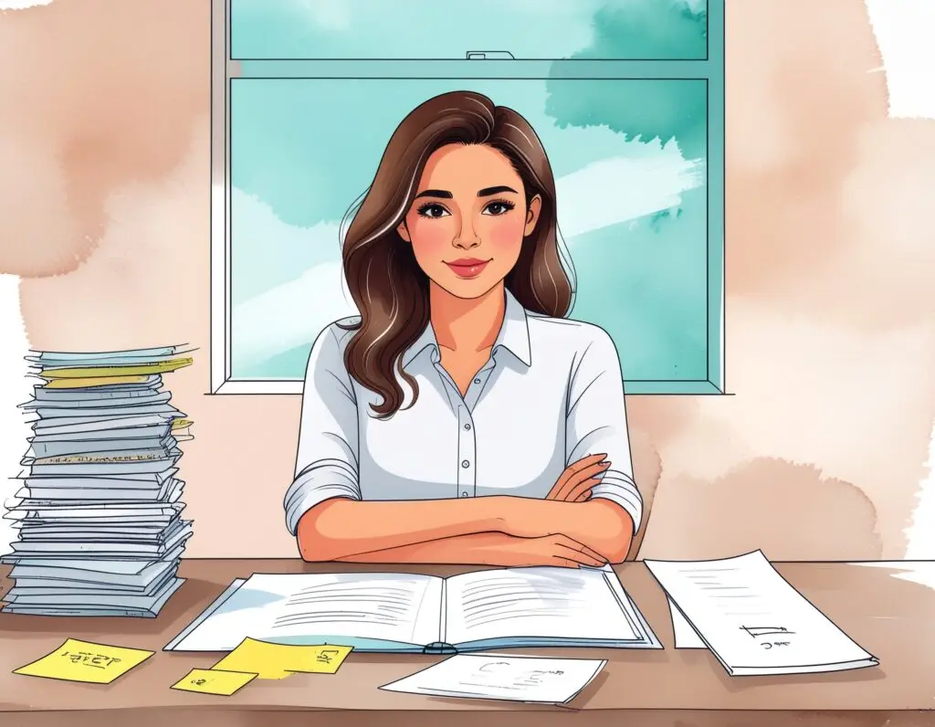 Woman with ADHD sitting at a busy desk, looking thoughtful