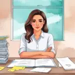 Woman with ADHD sitting at a busy desk, looking thoughtful