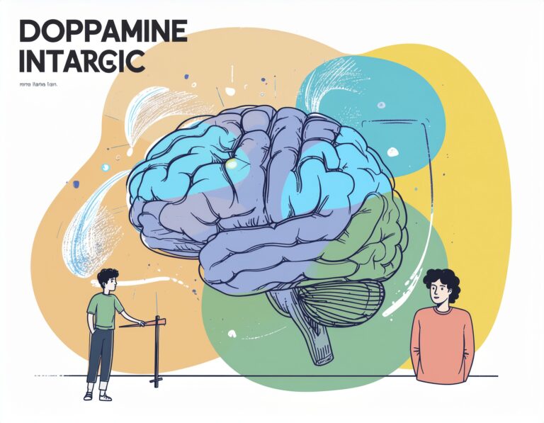 Abstract illustration of the ADHD brain with dopamine pathways highlighted, showing a person hesitating at a starting line