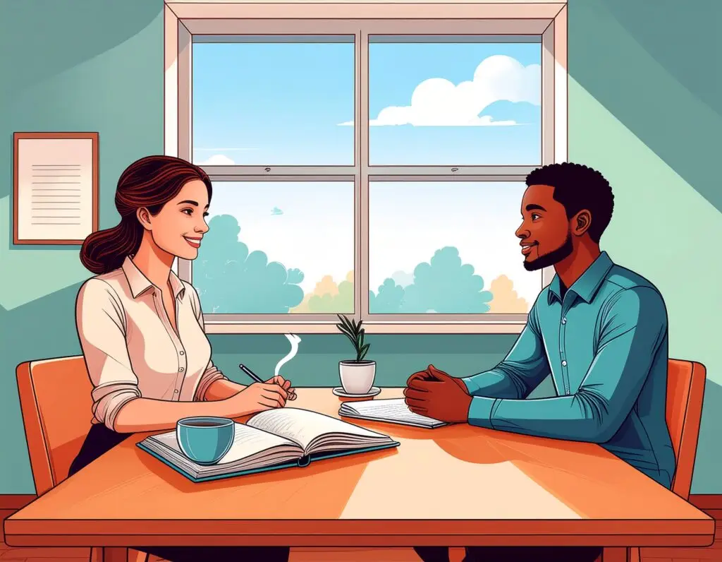 Illustration of an adult having a calm, supportive ADHD coaching conversation.