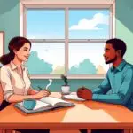 Illustration of an adult having a calm, supportive ADHD coaching conversation.