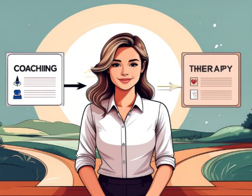 Illustration of a person considering two paths, representing the choice between coaching and therapy.