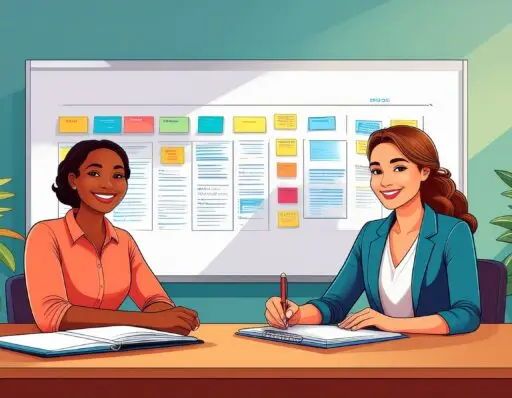 An ADHD coach and client mapping goals together using sticky notes on a whiteboard.